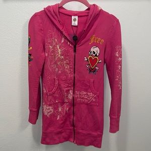 Ed Hardy Jacket XS pink skull cross heart roses sword y2k extra long hood zip up